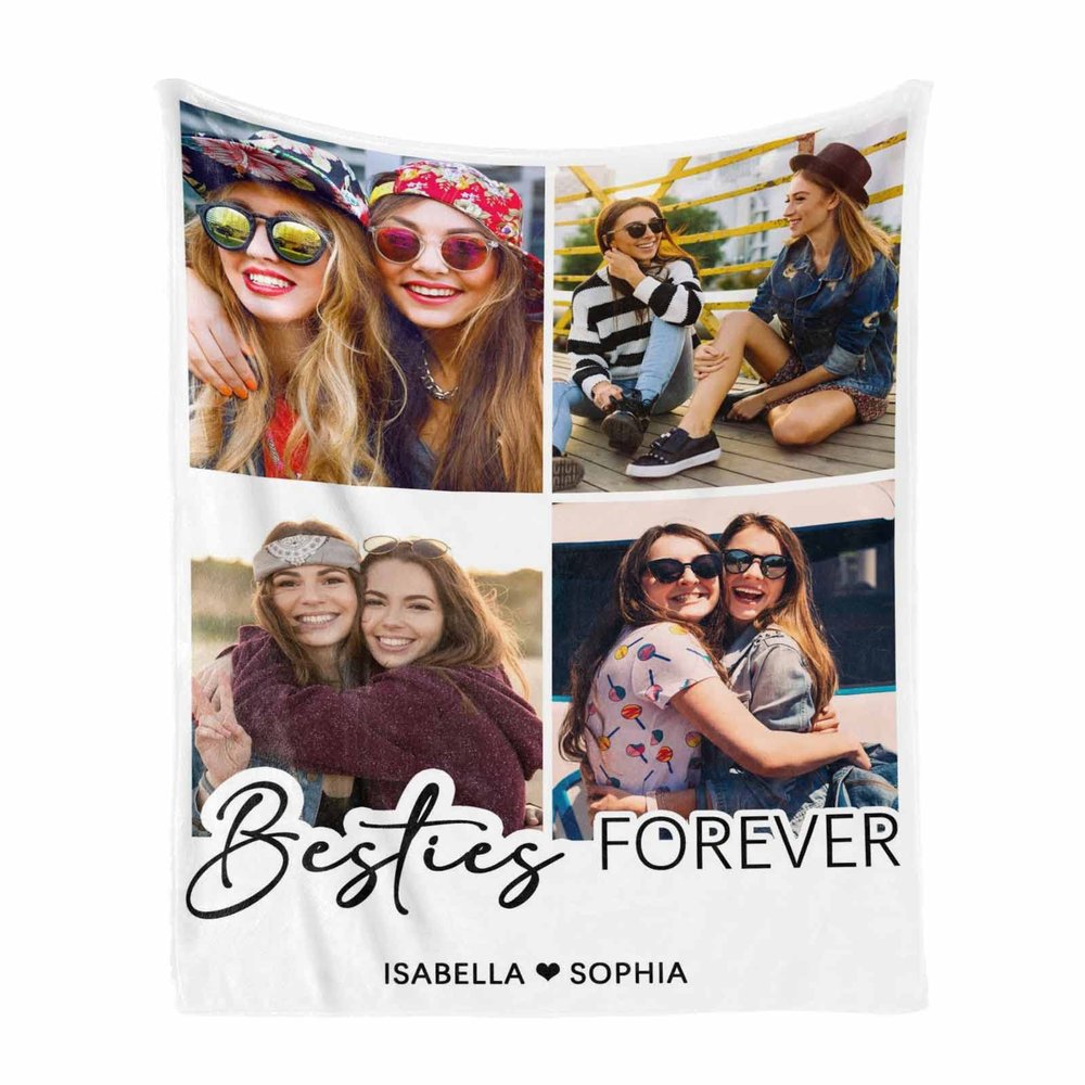 MyPupSocks Personalized Bestie Name & Photo Collage Blanket, Custom Friends Pictures Throw Blanket for Bestie's Birthday Christmas Graduation Gift 60"x80"