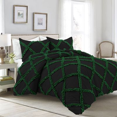 5 Piece Luxurious Bedding Sets Two Tone Diamond Ruffle Pattern Comforter All Season Premium Super Soft 550 GSM 100% Egyptian Cotton 1000 TC (King/California King Size Green/Black Solid Color)