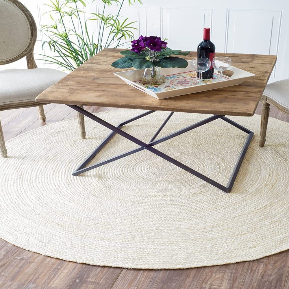 DecorAvenue Area Rugs Indian Handmade Natural Handwoven Braided Jute Rug for Living Room, Bedroom (Off White, 9' Ft Round)
