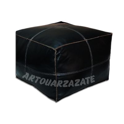 ARTOUARZAZATE Square Leather Pouf - Moroccan Pouf - Genuine Goatskin Leather - Bohemian Living Room Decor - Hassock & Ottoman Footstool - Unstuffed (Black, 18" D x 18" W x 14" H)