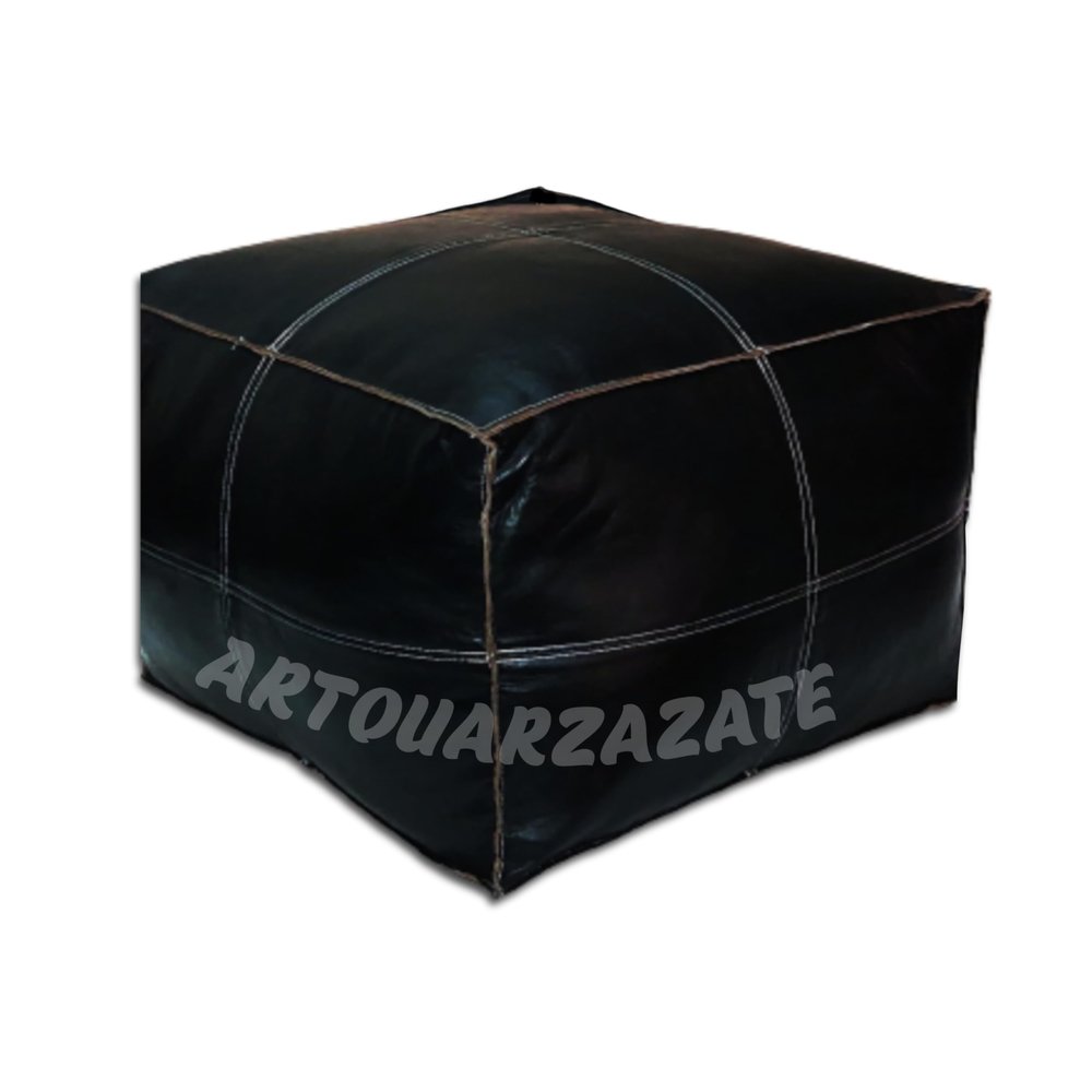 ARTOUARZAZATE Square Leather Pouf - Moroccan Pouf - Genuine Goatskin Leather - Bohemian Living Room Decor - Hassock & Ottoman Footstool - Unstuffed (Black, 18" D x 18" W x 14" H)