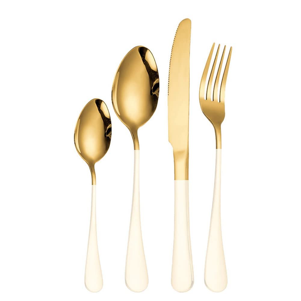 16-Piece Modern Kitchen Silverware Tableware Set Service for 4 People,18/10 Stainless Steel Flatware Set,Titanium Plated Steak Knife Fork Spoon Tea Spoon Gift Box Cutlery Sets (White Gold)