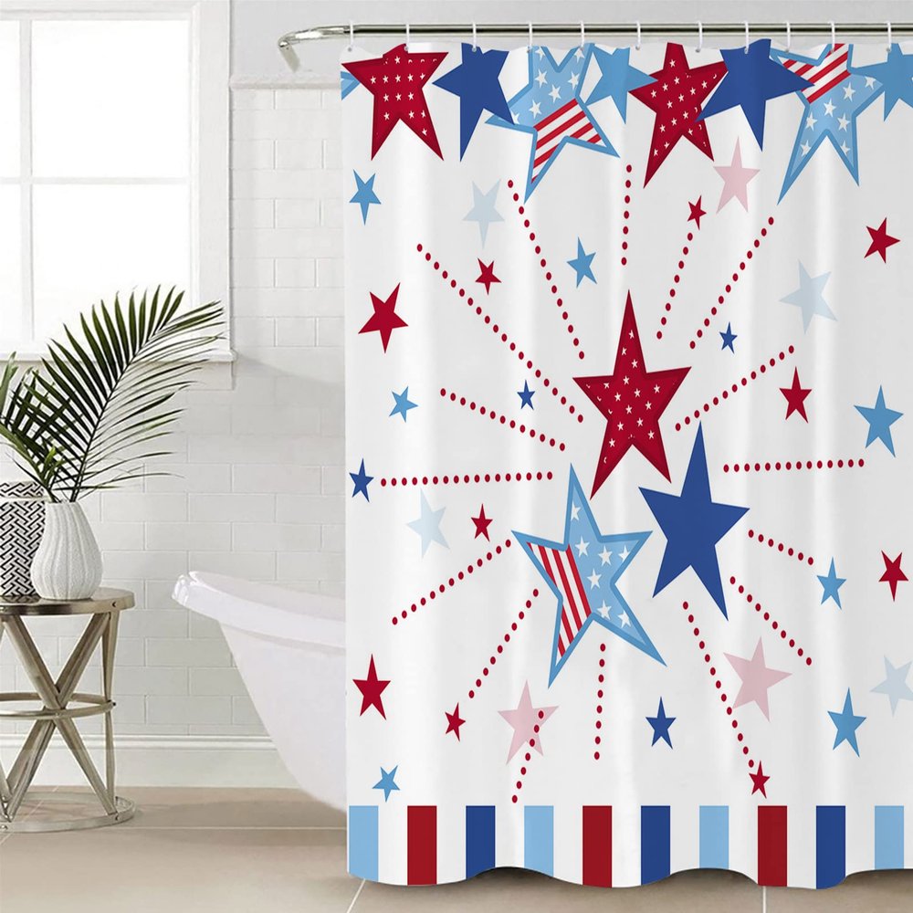 Fabric Shower Curtain 36x78 Inch, 4th of July Patriotic USA Flag Star Red Blue Stripe Shower Curtain for Bathroom with Hooks,Waterproof Bath Shower Curtain Sets Decorative Bathroom Accessories