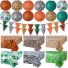 Buryeah 20 Pieces Jungle Theme Party Supplies Safari Birthday Decorations Set, 12 Animal Print Paper Lanterns, 6 Zoo Print Table Cover, 2 Animal Print Pennant Banners for Birthday Party Decor view 1