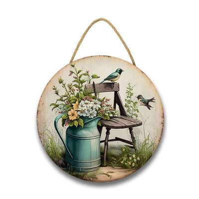 JIBEVEYYI Rustic Farmhouse Floral Wooden Wall Hanging Wall Art Decor Vintage Watering Can Chair Birds Country Style Poster Modern Home Artwork Room Decor