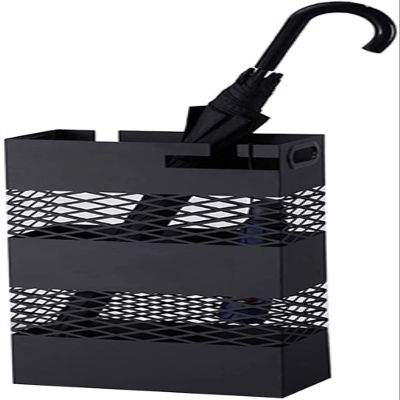 JSFSIM Umbrella Stands,Umbrella Stand Wrought Iron Hollowout with Drip Tray Handle,Large-Capacity Hotel Umbrella Bucket,White (Color : Black)