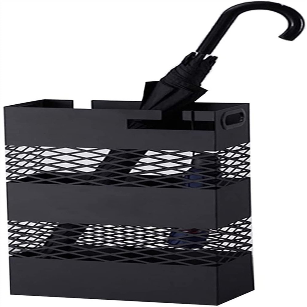 JSFSIM Umbrella Stands,Umbrella Stand Wrought Iron Hollowout with Drip Tray Handle,Large-Capacity Hotel Umbrella Bucket,White (Color : Black)