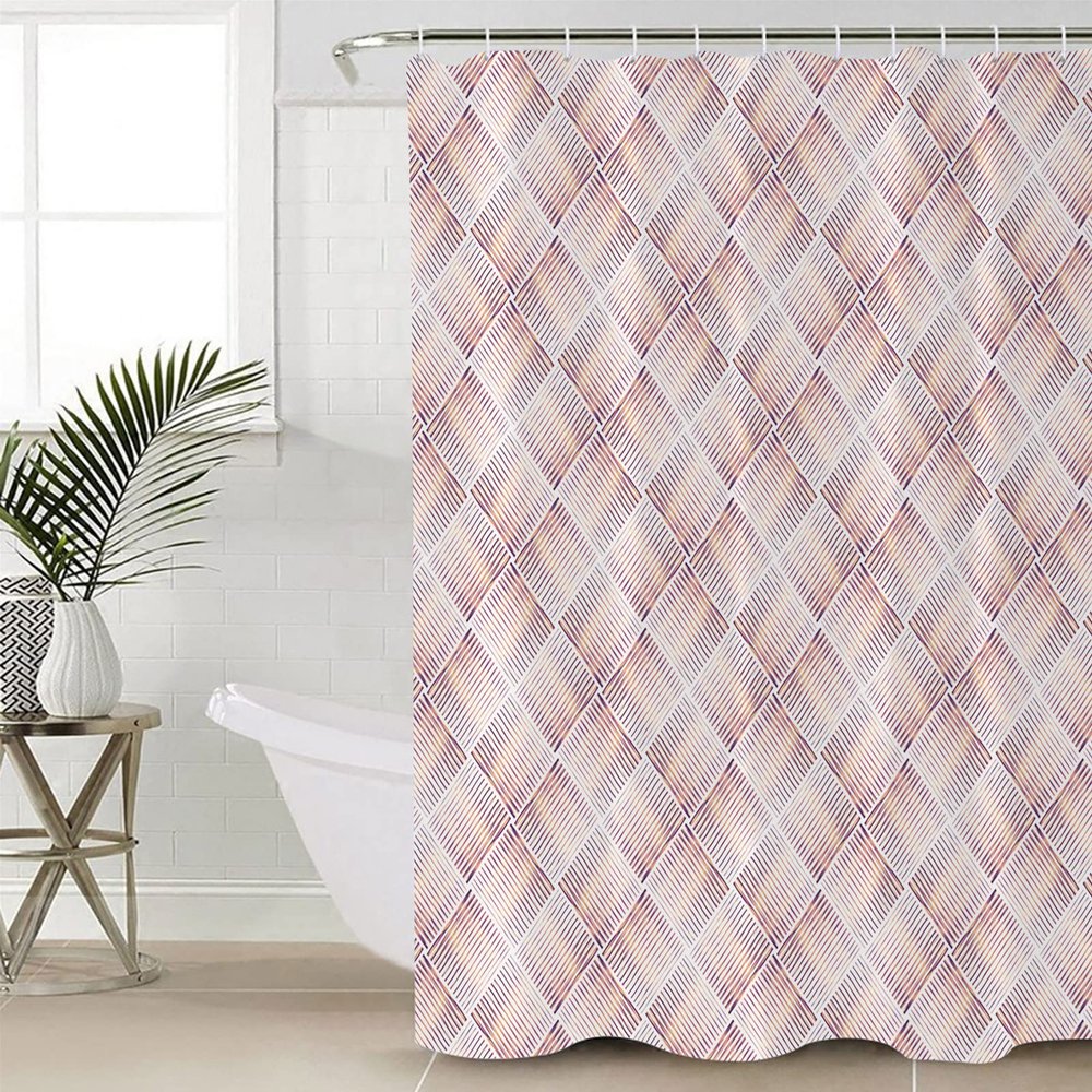 Fabric Shower Curtain 72x84 Inch, Retro Lines Square Geometric Texture Shower Curtain for Bathroom with Hooks,Waterproof Bath Shower Curtain Sets Decorative Bathroom Accessories