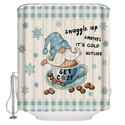 Fabric Shower Curtain 36x72 Inch, Coffee Gnomes Winter Dwarf with Snowflakes Linen Texture Shower Curtain for Bathroom with Hooks,Waterproof Bath Shower Curtain Sets Decorative Bathroom Accessories