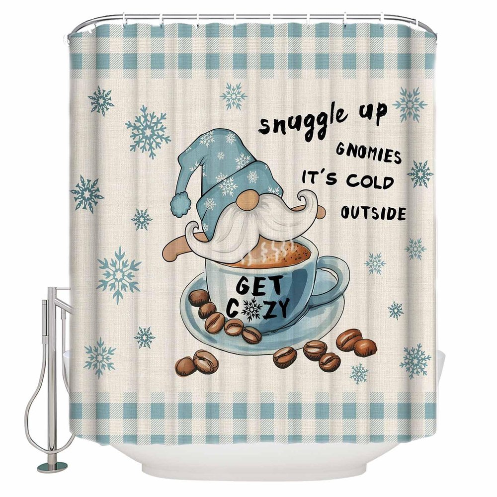 Fabric Shower Curtain 36x72 Inch, Coffee Gnomes Winter Dwarf with Snowflakes Linen Texture Shower Curtain for Bathroom with Hooks,Waterproof Bath Shower Curtain Sets Decorative Bathroom Accessories