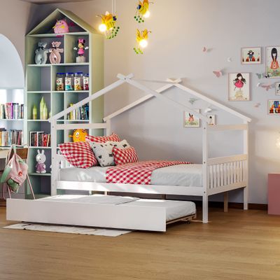 Merax Full Size Wooden House Bed with Trundle, Wood Bed Frame with Roof for Kids, Teens, Boys or Girls, White
