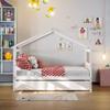 Merax Full Size Wooden House Bed with Trundle, Wood Bed Frame with Roof for Kids, Teens, Boys or Girls, White view 3
