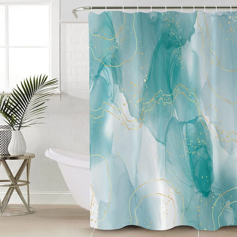 Fabric Shower Curtain 60x72 Inch, Teal Green Marble Yellow Lines Gradient Shower Curtain for Bathroom with Hooks,Waterproof Bath Shower Curtain Sets Decorative Bathroom Accessories