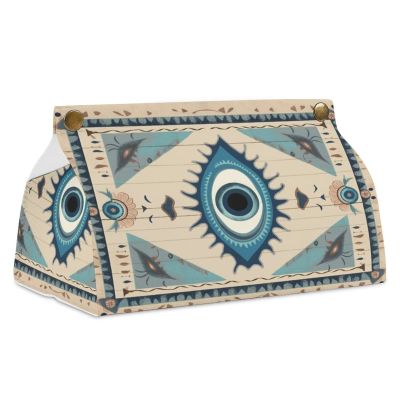 Evil Eye Tribal Boho Retro Tissue Box Cover, PU Leather Rectangular Tissue Box Case Organizer Holder Vanity Dresser Night Stand Table Countertop Home Office Car 7.7X4.7X4.3''