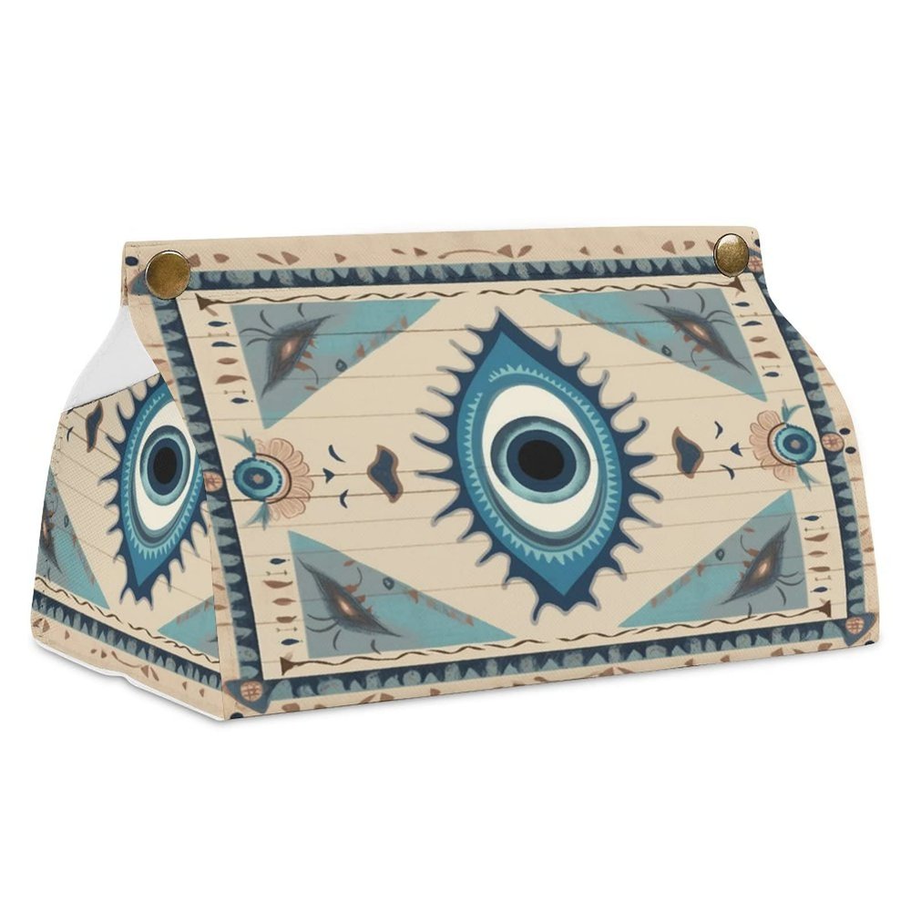 Evil Eye Tribal Boho Retro Tissue Box Cover, PU Leather Rectangular Tissue Box Case Organizer Holder Vanity Dresser Night Stand Table Countertop Home Office Car 7.7X4.7X4.3''