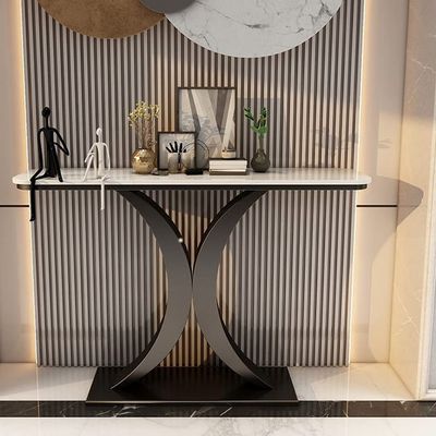 KWOKING Stone Console Table Scratch Resistant Table Rectangle Accent Table 31.49" High Italian Style Rock Slab Porch Table Entry Home Wall Art Strip Table Desk Black Base White Top 47"L x 12"W x 31"H