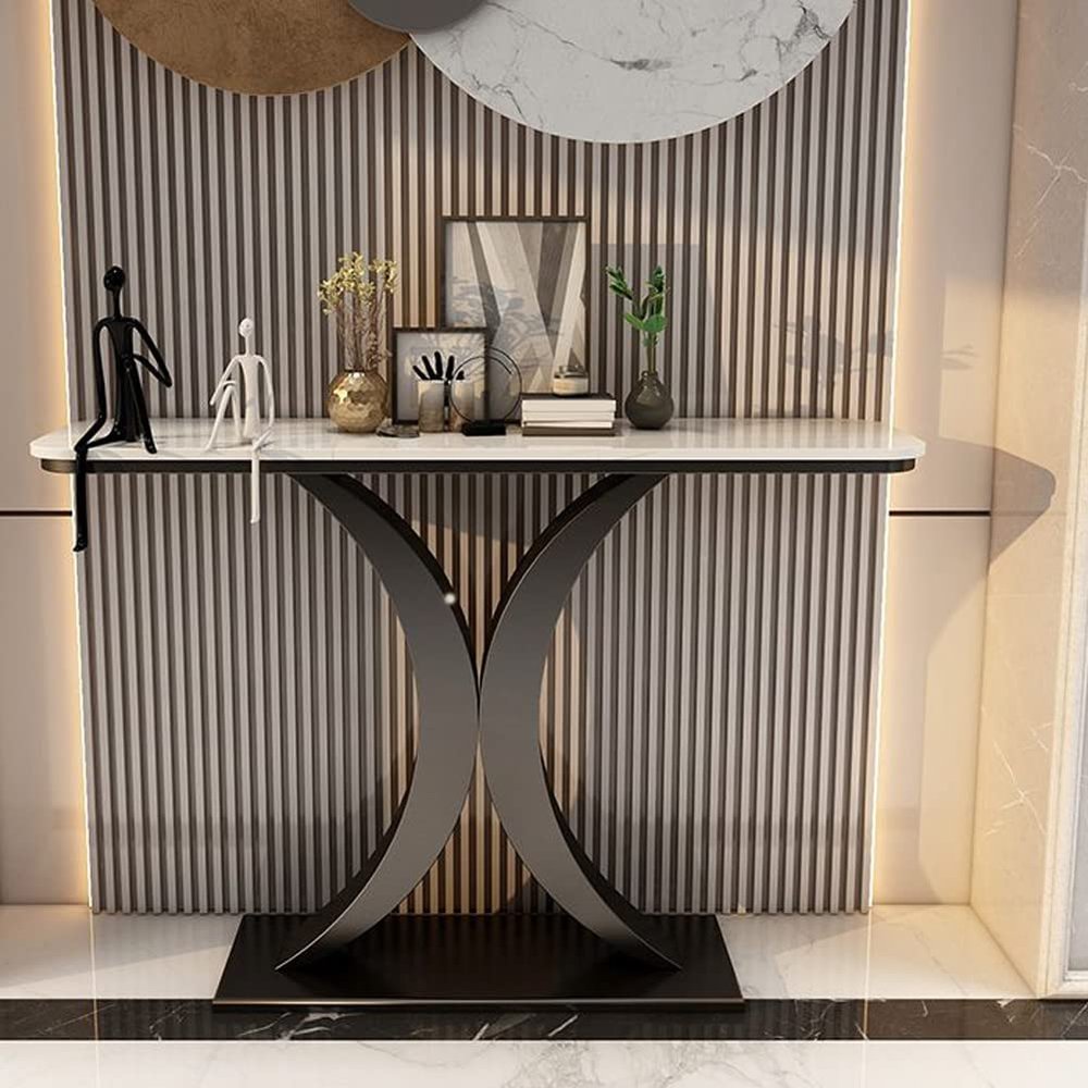 KWOKING Stone Console Table Scratch Resistant Table Rectangle Accent Table 31.49" High Italian Style Rock Slab Porch Table Entry Home Wall Art Strip Table Desk Black Base White Top 47"L x 12"W x 31"H