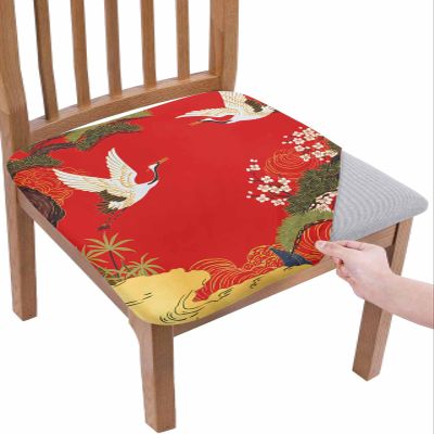 Gehucoxee Japanese-Style Chair Seat Covers for Dining Room Set of 4, Stretch Chair Seat Protector Chairs Cover Removable Washable Slipcovers for Kitchen Office Aqua Cherry Blossoms Red Landscape