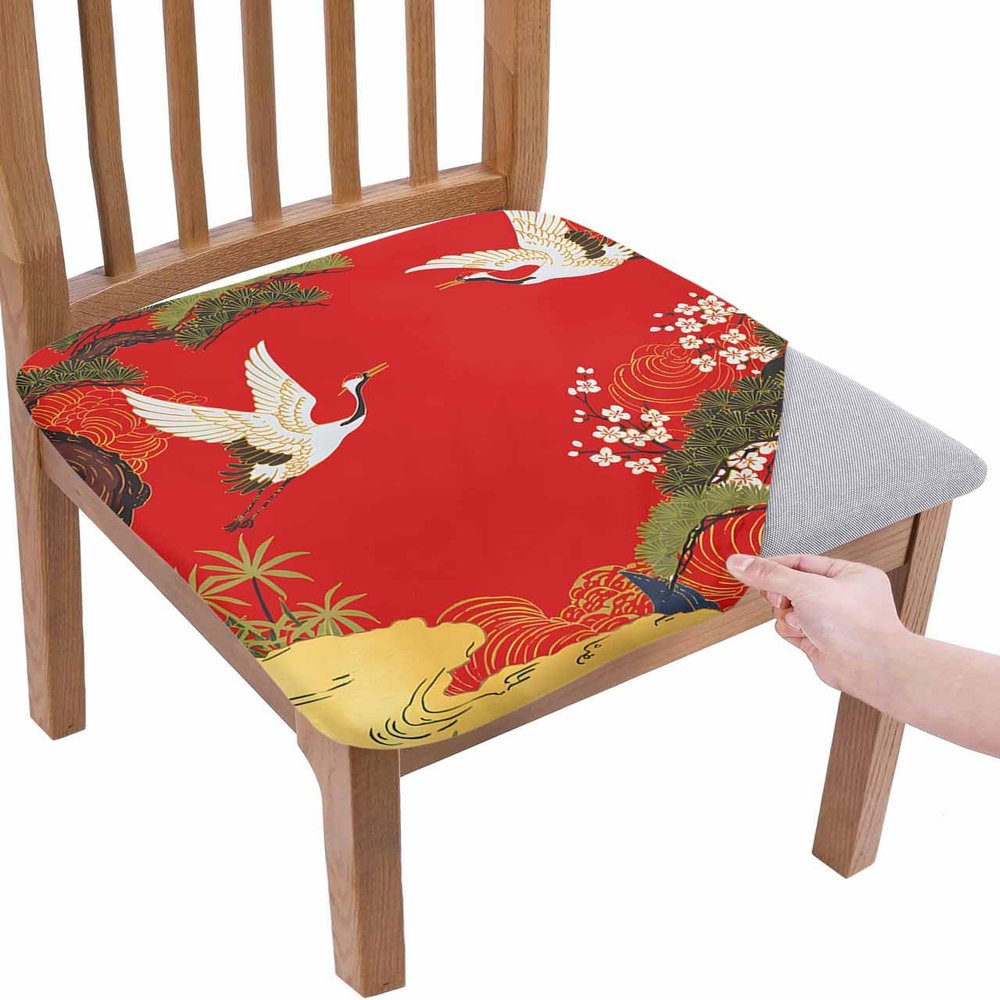 Gehucoxee Japanese-Style Chair Seat Covers for Dining Room Set of 4, Stretch Chair Seat Protector Chairs Cover Removable Washable Slipcovers for Kitchen Office Aqua Cherry Blossoms Red Landscape