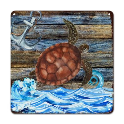 ArogGeld Nautical Coastal Sea Turtle Anchor Tin Sign Sea Wave Metal Wall Art Ocean Theme Decorative Home Wall Art 10x10in Abstract Wall Art Decor for Bedroom Cafe Bar Club Pub Garage