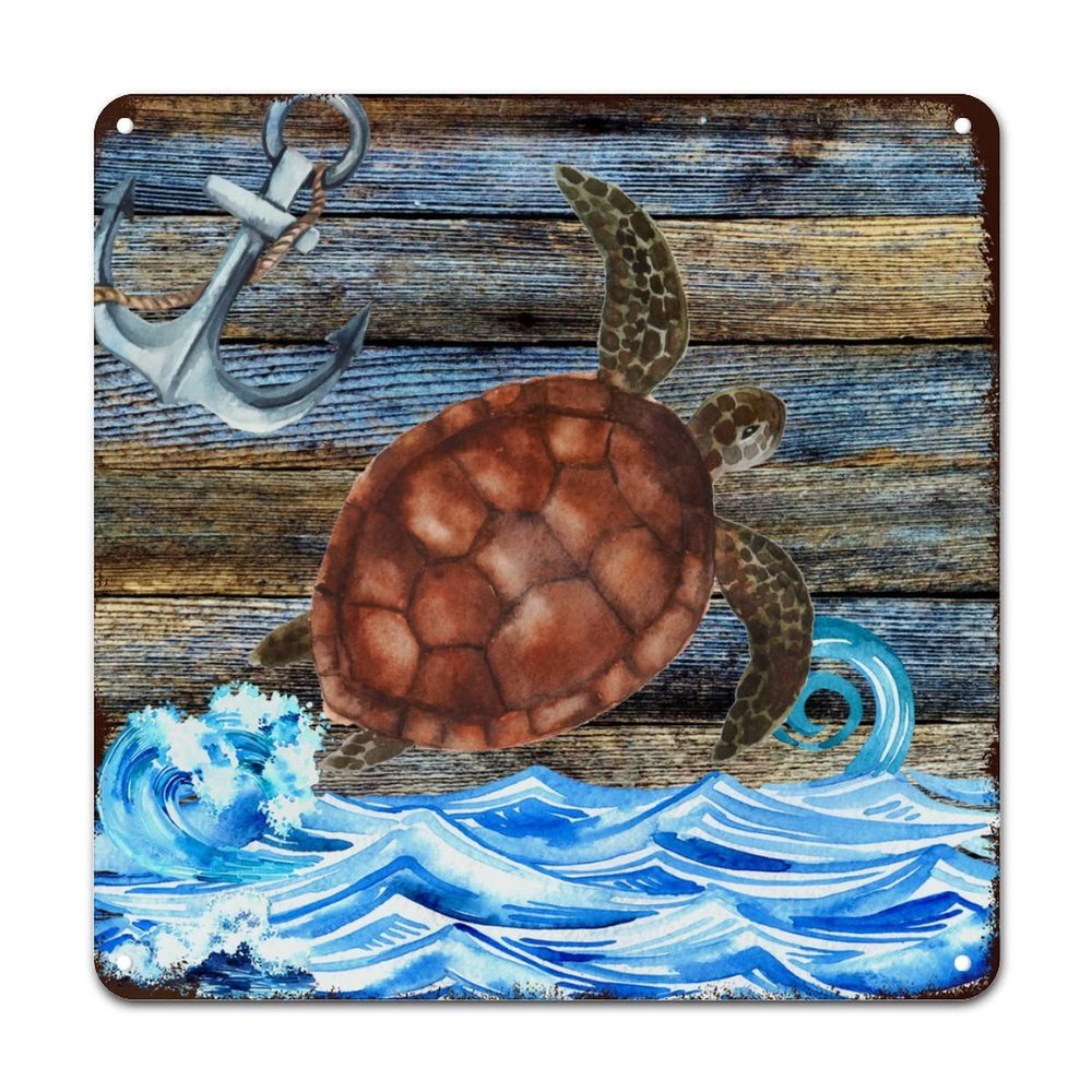 ArogGeld Nautical Coastal Sea Turtle Anchor Tin Sign Sea Wave Metal Wall Art Ocean Theme Decorative Home Wall Art 10x10in Abstract Wall Art Decor for Bedroom Cafe Bar Club Pub Garage