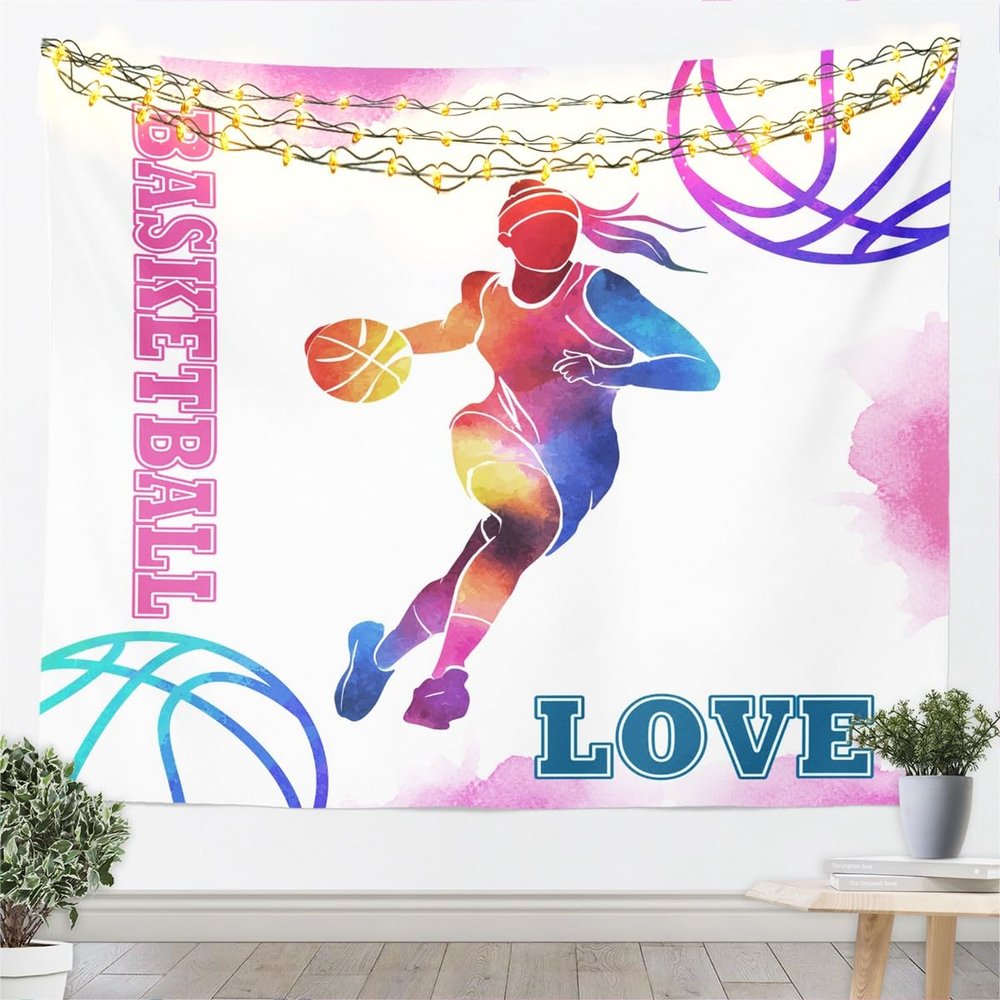 Basketball Lovers Kids Tapestry,Modern Sports Games Competition Wall Tapestries,Girls Boys Adults Room Decor,Hand Painted Fashion Wall Hanging,Pink Purple Home Wall Decor,Medium 59.1 x 59.1 Inches