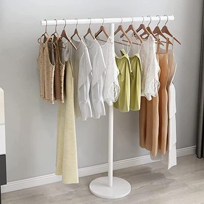 Etlegor Industrial Pipe Clothing Rack, T-Shaped Clothing Storage and Display Stand Floor Hanging Clothes Rack Heavy Duty Metal Garment Rack Simple Drying Rack (Color : White, Size : 100x130cm)