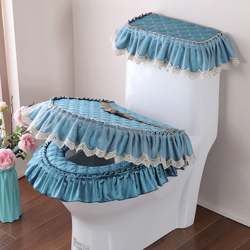 HUFFA 3 Pcs/Set Fabric Lace Toilet Mat Three-Piece Gold Velvet Toilet Seat Cover U-Shaped Zipper Toilet Pedestal Ring Toilet Cover (Color : Fuli B Style-Blue)