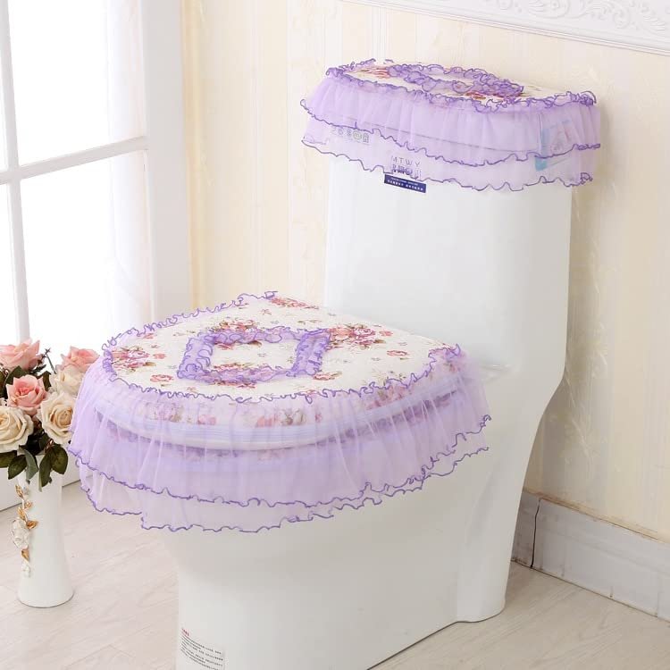 HUFFA 3 Pcs/Set Fabric Lace Toilet Mat Three-Piece Gold Velvet Toilet Seat Cover U-Shaped Zipper Toilet Pedestal Ring Toilet Cover (Color : Lace-Purple)