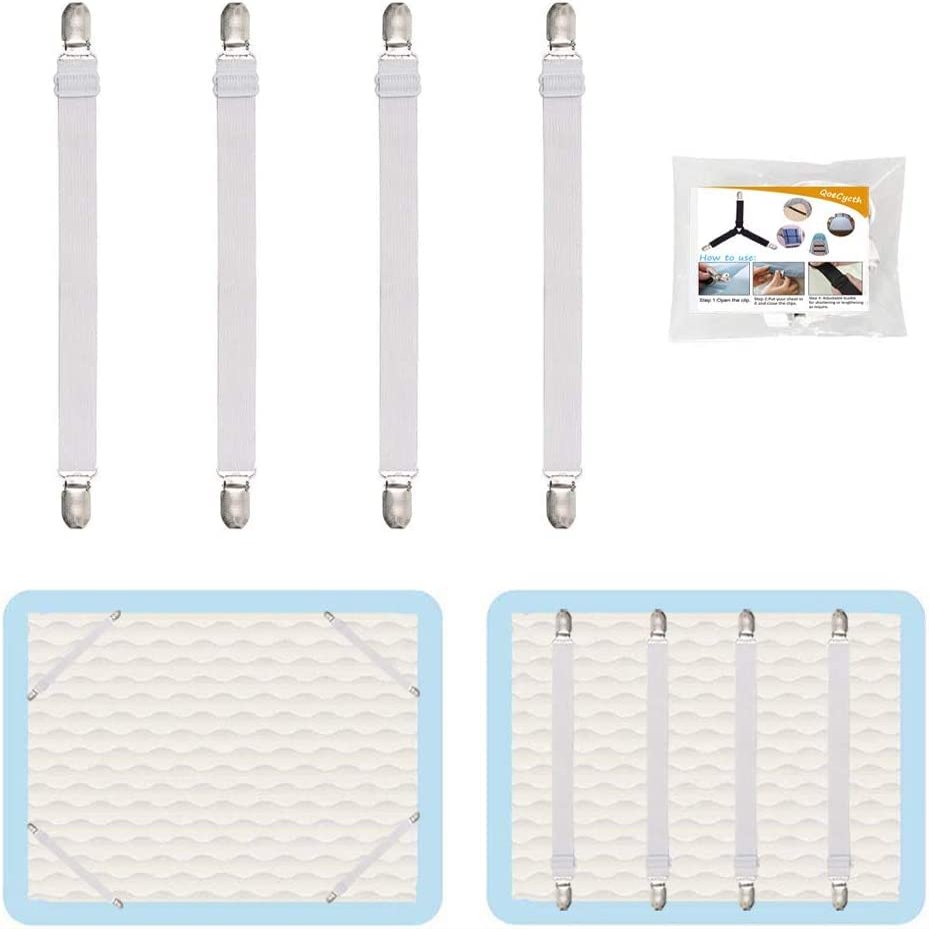 4Pcs Adjustable Bed Sheet Straps Clips, Elastic Mattress Sheet Fasteners Holder and Suspenders, Grippers to Hold Sheet, Mattress, Sofa, Couch, Table Cloth, Recliner Ironing Board Cover and More