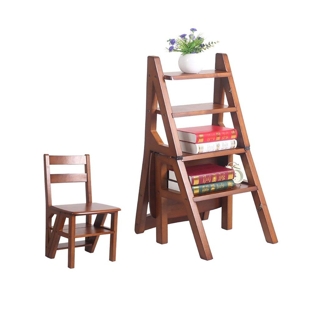 4 Steps Solid Wood Stair Chair Folding Ladder Home Climbing Wood Practical Step Ladder Stool Multifunctional Creative Double Flower Stand Step Stool/3#