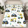 Tractor Sheet Set Queen, Cartoon Truck Bedding Set for Boys Girls Teens, Construction Tractor Bed Sheets, Bulldozer Crane Equipment Sheets, Kawaii Vehicle Car Theme Flat Fitted Sheet, Yellow Blue view 2