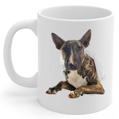 Funny Brindle Bull Terrier Mom And Dad Gifts With Dog Looks Through Coffee Mug White 11 oz