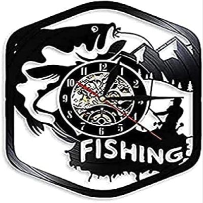 Bedroom Fishing Wall Clock Modern Design Fish and Murloc Silhouette Vinyl Record Wall Clock Wall Decor
