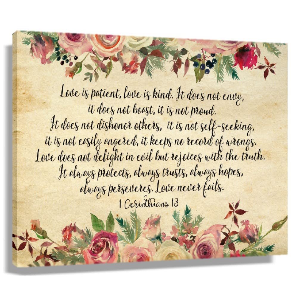 1 Corinthians 13 Love is Patient Love is Kind Bible Verse Posters Art Deco Wall Hanging Decorations for Hallway Contemporary Canvas for Living Room (12x18inch(30x45cm),Framed)