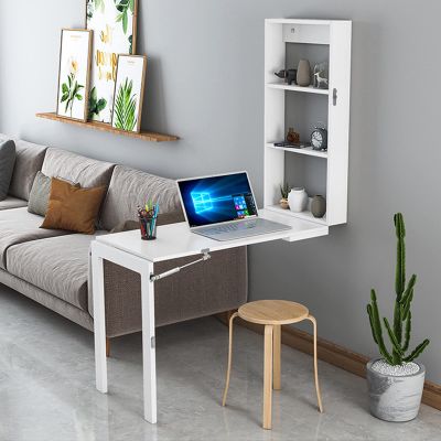 Folding wall-mounted desk, floating desk with chalkboard, space-saving folding desk wall-mounted convertible desk, wall-mounted table with storage shelves and hooks, free and easy to fold ( Color : Gr