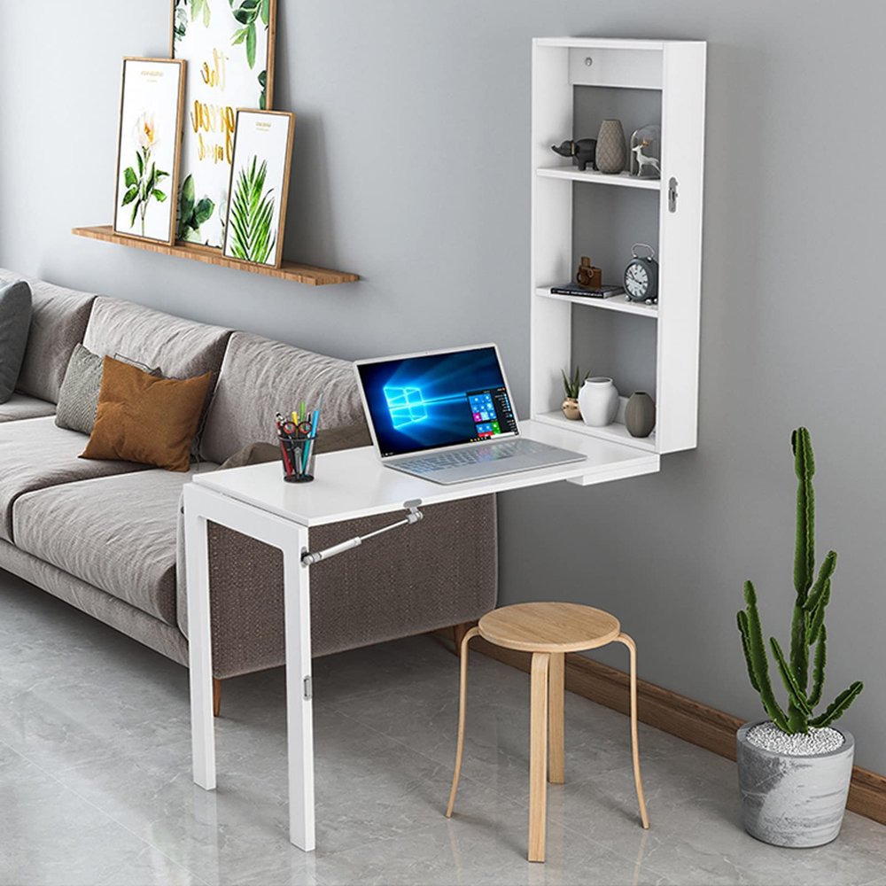 Folding wall-mounted desk, floating desk with chalkboard, space-saving folding desk wall-mounted convertible desk, wall-mounted table with storage shelves and hooks, free and easy to fold ( Color : Gr