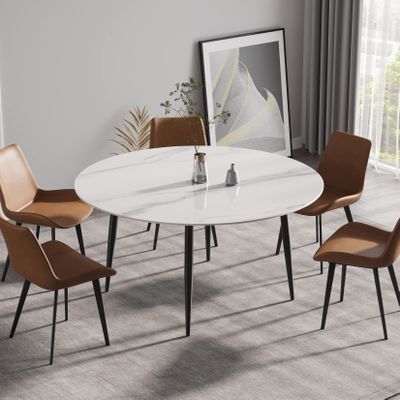 Modern Round Dining Table with Sintered Stone Marble Tabletop Dining Room Table with Black Metal Legs, Round Shape Restaurant Kitchen Table for 6-8, 59.05" Dia x 29.53" H, Table Only