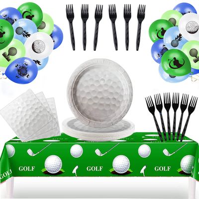 Golf Party Supplies Tableware Kit with Golf Theme Tablecloth, Plates, Napkins, Forks and Balloons for Golf Ball Sports Games Player Club Themed Birthday Decorations Serve 24 Guests