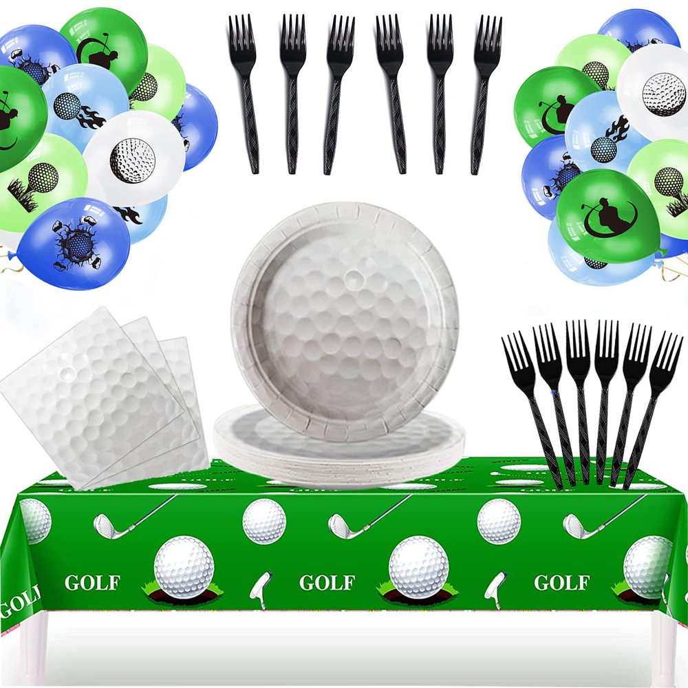 Golf Party Supplies Tableware Kit with Golf Theme Tablecloth, Plates, Napkins, Forks and Balloons for Golf Ball Sports Games Player Club Themed Birthday Decorations Serve 24 Guests