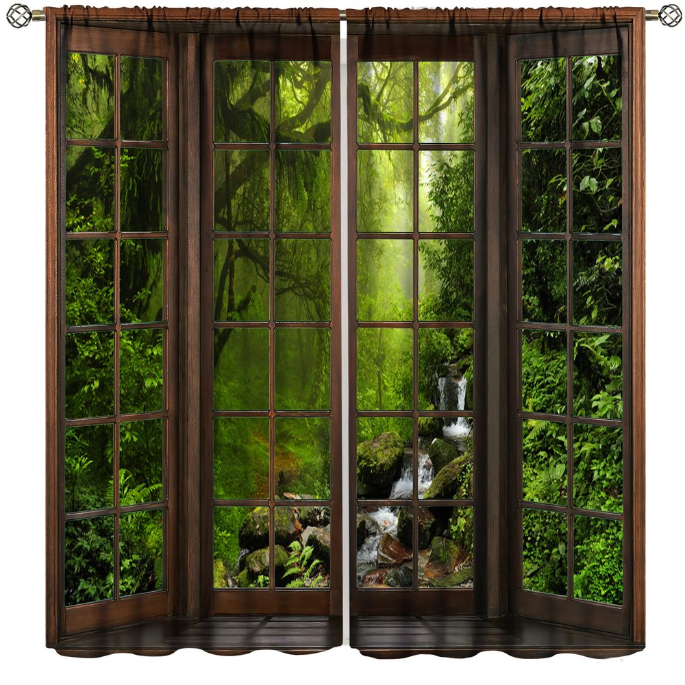 AuiMzoo Nature View Curtains, Window Outside Beautiful Forest River Pattern Print, Bedroom Living Room Blackout Insulated Curtains 2 Panel Set, 72x63 Inch, Style-3