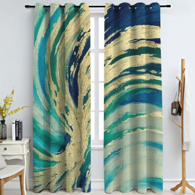 Abstract Green Gold Marble Texture Blackout Curtains, Modern Luxury Golden Swirl Art 3D Printed Drapes, Darkening Curtains with Top Grommet for Bedroom Living Room Windows 52" W x 39" L