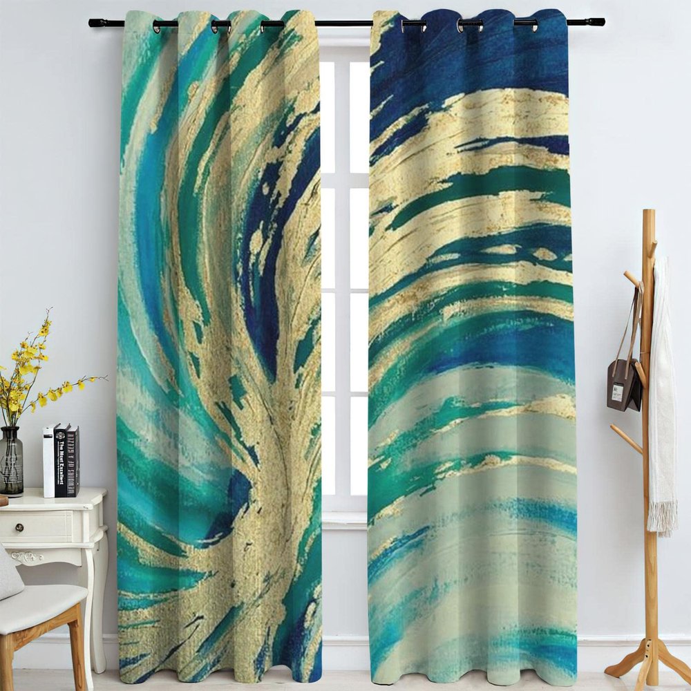 Abstract Green Gold Marble Texture Blackout Curtains, Modern Luxury Golden Swirl Art 3D Printed Drapes, Darkening Curtains with Top Grommet for Bedroom Living Room Windows 52" W x 39" L