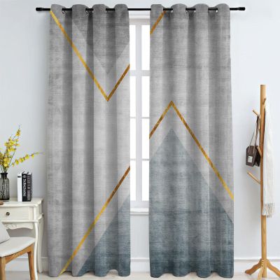 Modern Gray Retro Industrial Style Blackout Curtains, European Geometric Golden Line Art 3D Printed Eyelet Super Soft Darkening Curtains for Living Room Bedroom Kitchen Decor 52" W x 90" L