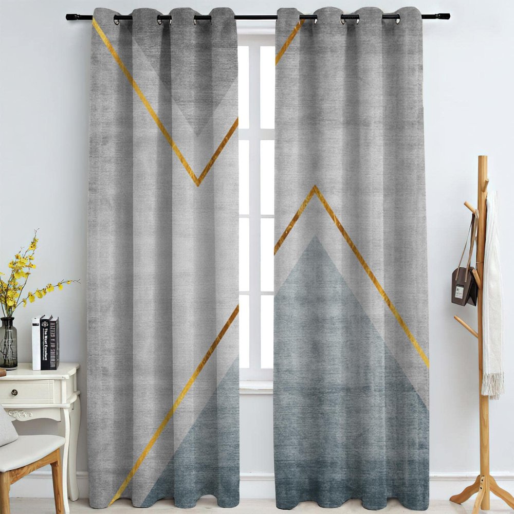 Modern Gray Retro Industrial Style Blackout Curtains, European Geometric Golden Line Art 3D Printed Eyelet Super Soft Darkening Curtains for Living Room Bedroom Kitchen Decor 52" W x 90" L