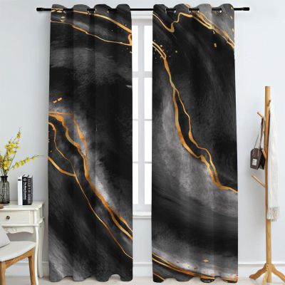 Abstract Black Gold Marble Texture Blackout Curtain for Bedroom 2 Panels Window Curtains, Blackout Curtains Grommet Thermal Insulated Window Curtain for Bedroom Living Room Windows 104" W x 84" L