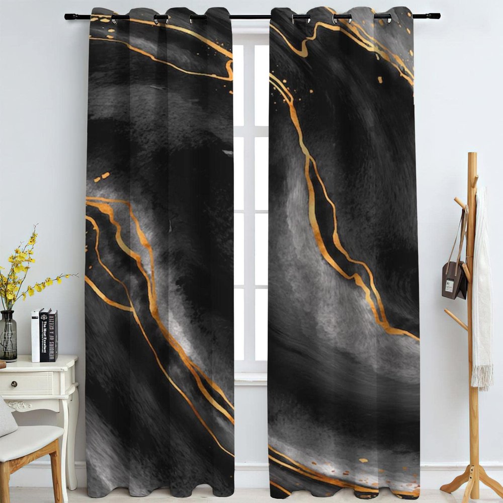 Abstract Black Gold Marble Texture Blackout Curtain for Bedroom 2 Panels Window Curtains, Blackout Curtains Grommet Thermal Insulated Window Curtain for Bedroom Living Room Windows 104" W x 84" L