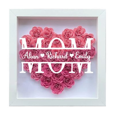Personalized Heart Shaped Flower Shadow Box, Mom Heart Shaped Monogram Shadow Box | Mom Mothers Day Paper Flower Gift,Customized Gift for Mothers Day, Birthday, Christmas (Pink)
