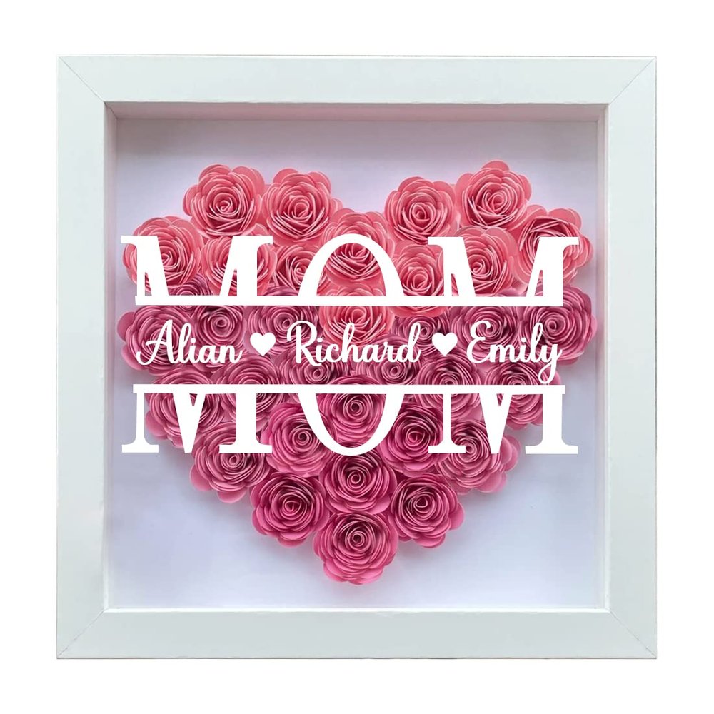 Personalized Heart Shaped Flower Shadow Box, Mom Heart Shaped Monogram Shadow Box | Mom Mothers Day Paper Flower Gift,Customized Gift for Mothers Day, Birthday, Christmas (Pink)