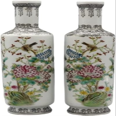 TATSEN Flower Vase Pastel Flowers and Birds Picture Vase Porcelain Antique Ornaments Vases for Flowers